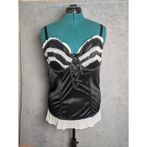 VTG Black Satin Corset Top with Ruffle Lace Trim Bow Detail Size 40DD Fredericks